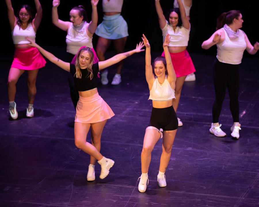 Kappa Kappa Gamma members, Cailey Holladay and Allison Dowd, perform during Songfest on Nov 7 at the Orpheum Theatre.