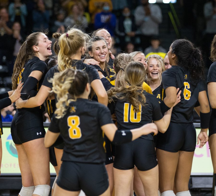 After defeating Memphis on Nov. 26, the Shockers celebrate together. They won with a score of 3 - 1.