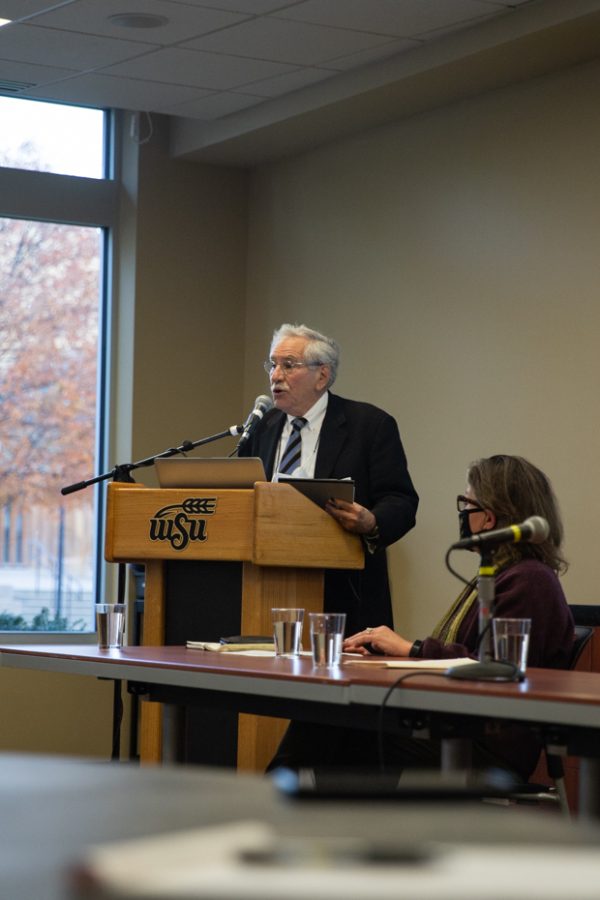Professor of Psychology Louis Medvene speaks to the room of faclty at the Strategies for Promoting Intergenerational Teaching at WSU meeting. The meeting was held on Nov. 16 and in the Rhatigan Student Center.