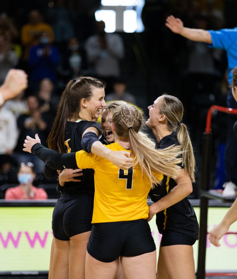 After defeating Memphis on Nov. 26, the Shockers celebrate together. They won with a score of 3 - 1.