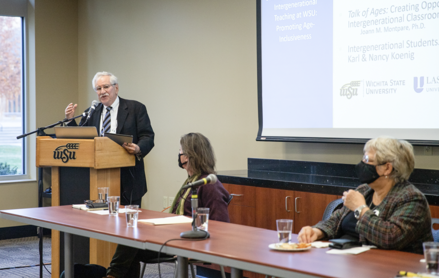 Professor of Psychology Louis Medvene speaks to the room of faclty at the Strategies for Promoting Intergenerational Teaching at WSU meeting. The meeting was held on Nov. 16 and in the Rhatigan Student Center.