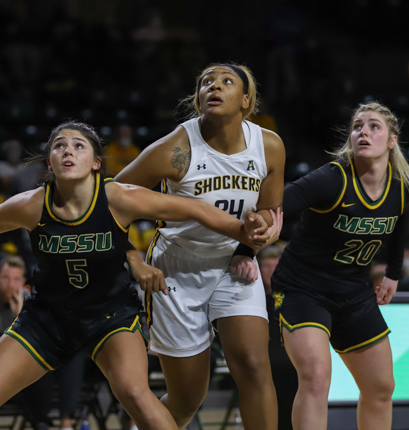 Trajata Colbert battles for a rebound during the exhibition game against Missouri Southern State on Nov. 4 inside Charles Koch Arena.