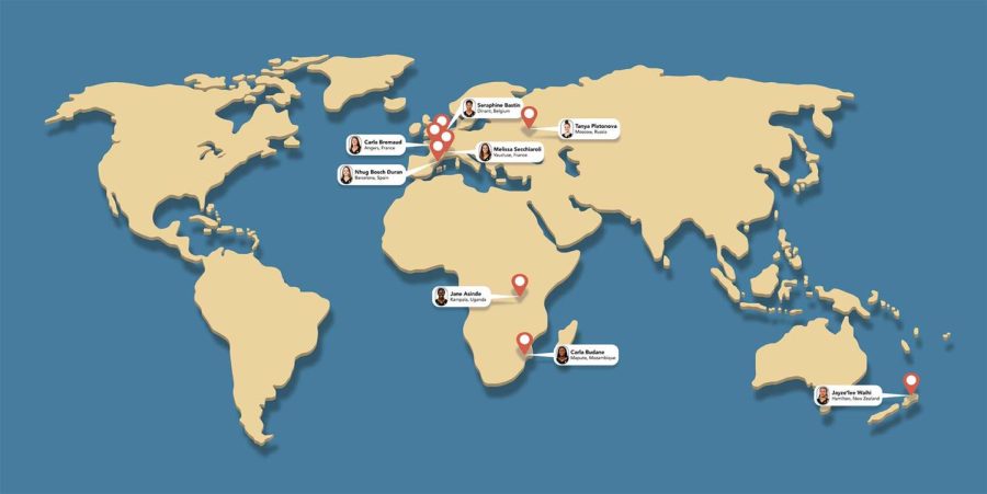 World map showcasing WSU womens basketball international players. 