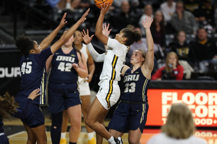 Junior Seraphine Bastin goes for a lay-up during the game agaisnt ORU on Dec 1 at Charles Koch Arena.