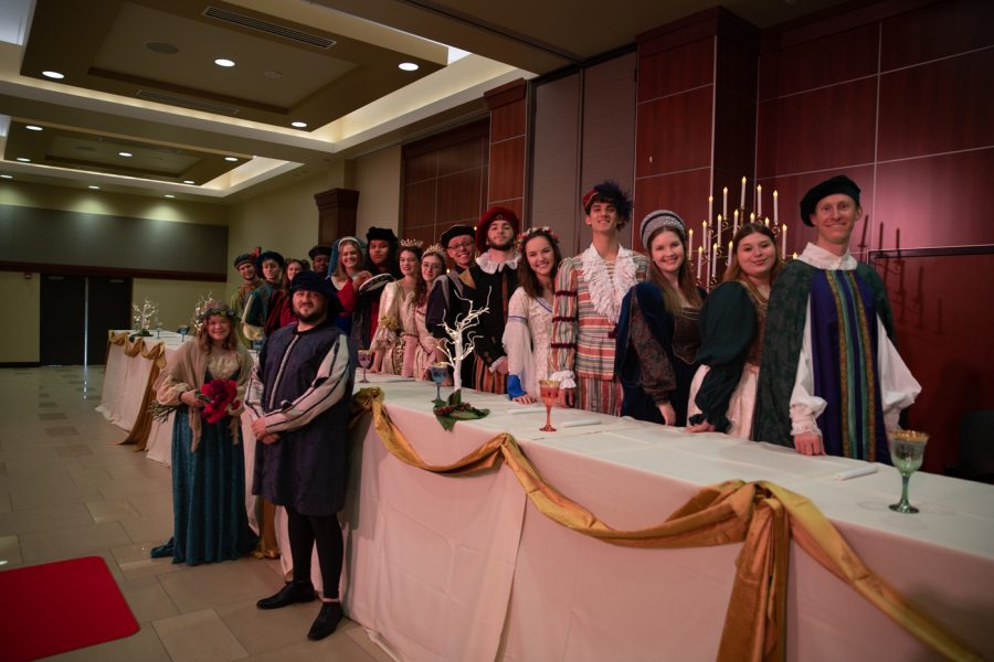 The Wichita State Madrigal Singers at the dress rehearsal for the WSU Madrigal Feast in the RSC Beggs Ballroom, Dec. 3, 2021. A Madrigal Feast is a Renaissance-style dinner theater sometimes held by schools during the holidays.