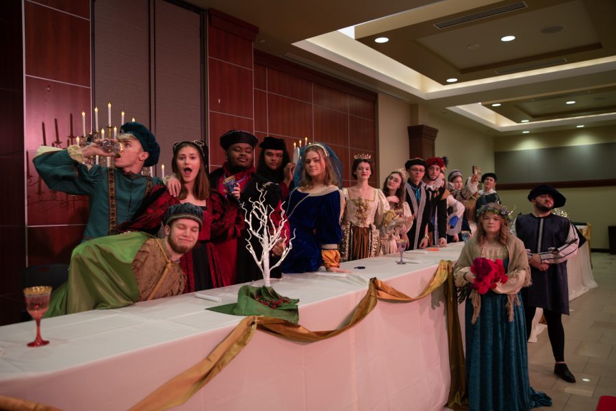 The Wichita State Madrigal Singers at the dress rehearsal for the WSU Madrigal Feast in the RSC Beggs Ballroom, Dec. 3, 2021. A Madrigal Feast is a Renaissance-style dinner theater sometimes held by schools during the holidays.
