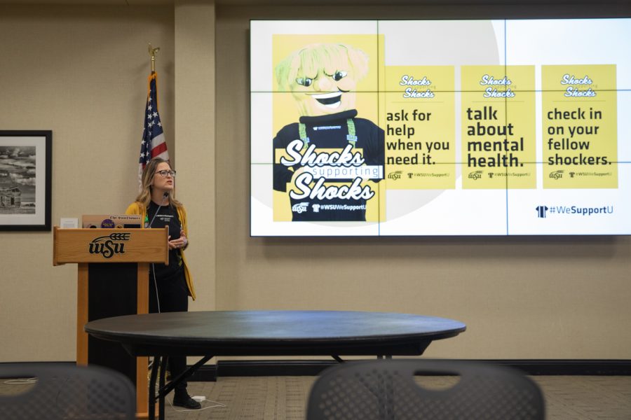 WSU Assistant VP for Wellness and Chief Psychologist Jessica Provines talks about the program Suspenders4Hope on Nov. 29. The event in Communications week aimed to spread mental health awareness ideas and the origin of the program.