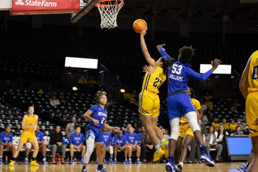 Junior Seraphine Bastin goes up for a two-pointer against Memphis on Jan. 16 in Koch Arena.