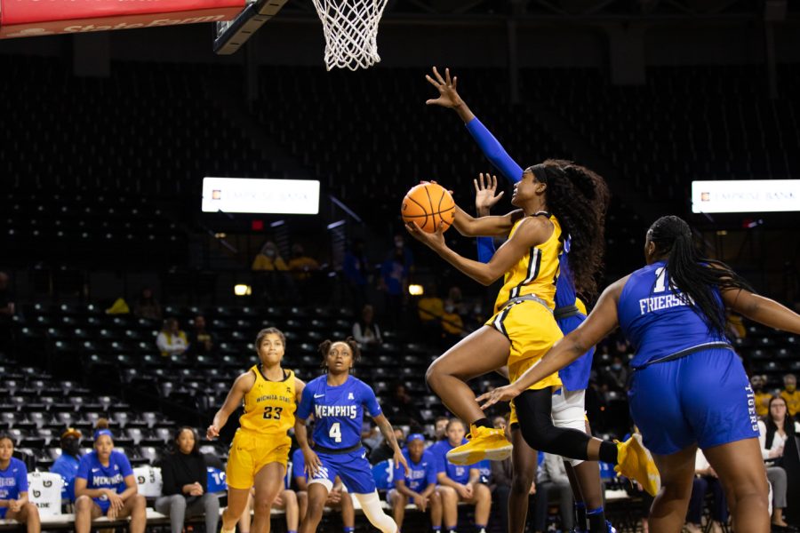 Senior Mariah McCully goes for a lay-up against Memphis on Jan. 16. Memphis upset Wichita State narrowly, 50-49.