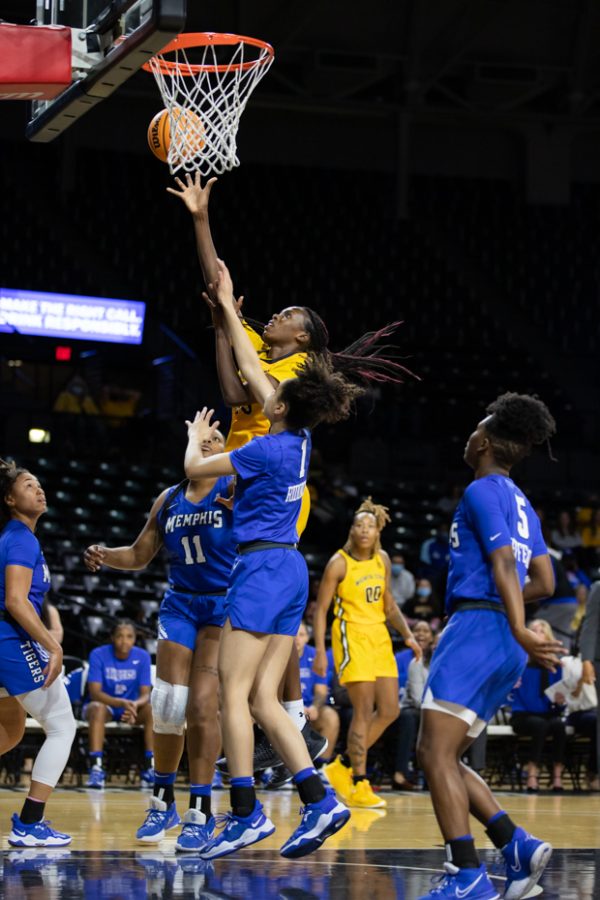 Junior Jane Asinde goes up for a two-pointer during the game against Memphis on Jan. 16. Memphis upset Wichita State, 50-49