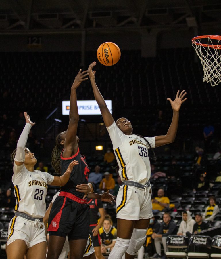 Junior Jane Asinde goes for a lay up during the game against Houston at Charles Koch Arena on Jan. 5.