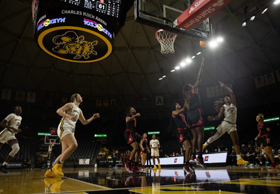 Senior Mariah McCully jumps for a layup during the game against Houston at Charles Koch Arena on Jan. 5.