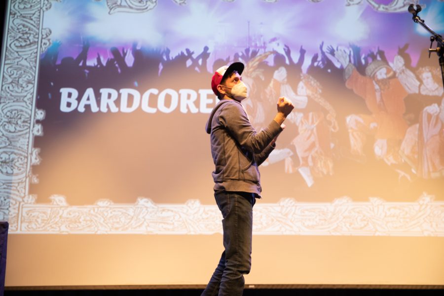 Nerdology host Thomas dancing to Bardcore, a medieval take on popular modern songs, January 21st, 2022 at the CAC Theater on Wichita States campus.