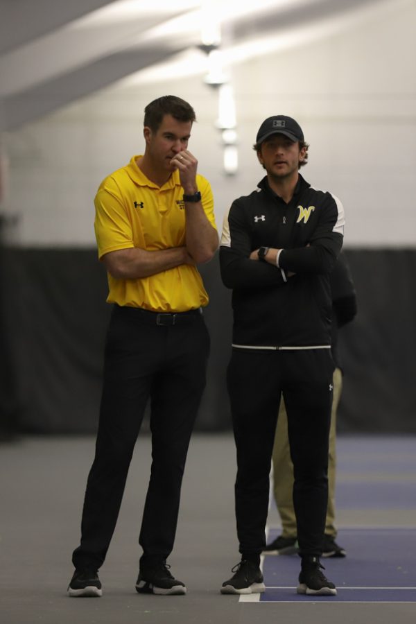 Head Coach Danny Bryan and Assistant Coach Brett Forman during the match against Purdue on Jan. 22 at the Genesis Health Club.