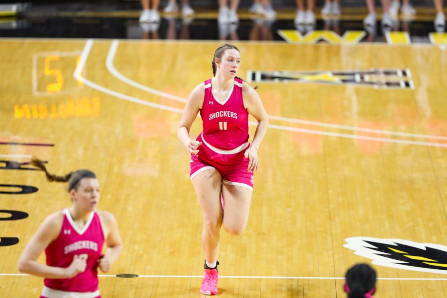 Freshman Ella Anciaux runs up the court during the game against SMU at Charles Koch Arena on Feb. 12.