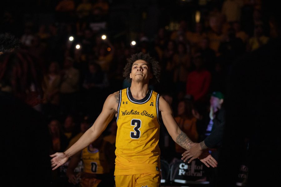 Senior+Craig+Porter+Jr.+joins+the+starting+lineup+before+the+game+against+the+SMU+Mustangs+on+Feb.+5%2C+2022+in+Koch+Arena.+last+season.+The+Shockers+defeated+the+Mustangs%2C+72-57.