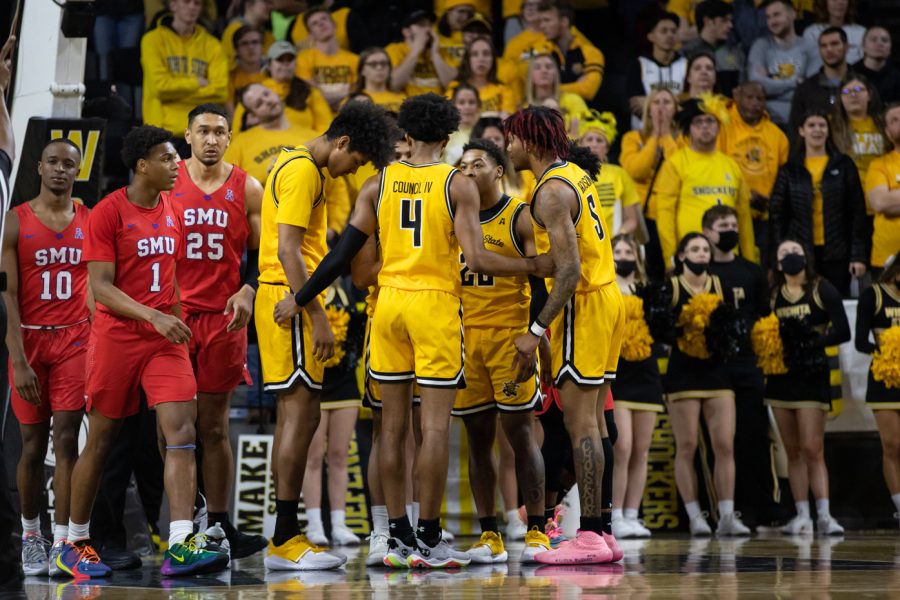 During the second half of the game against the SMU Mustangs on Feb. 5, the five on the court pause to discuss strategy.