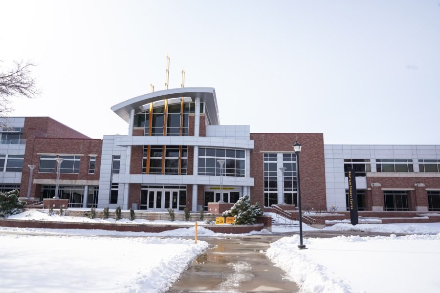 Snow covered the ground before the Rhatigan Student Center on Feb. 17, 2022. (File photo).