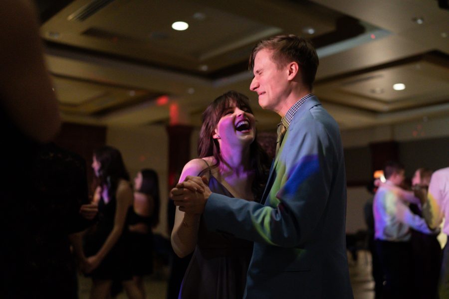 Emery Downs (left) and Emerson Welsh (right) dance together during Fairmount Formal. The event was hosted by the Student Activities Council on Feb 19 in RSC Beggs Ballroom.
