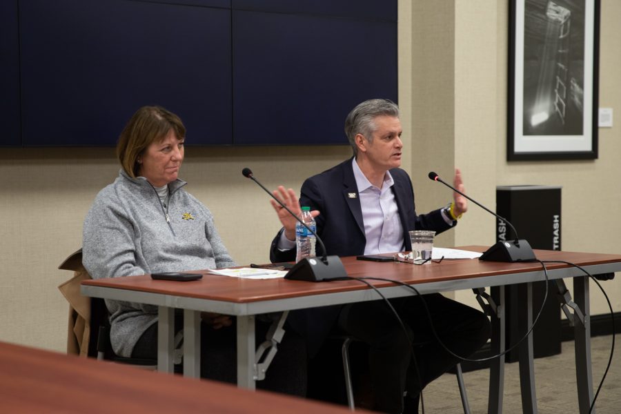 WSU President Richard Muma and WSU Vice President Shirley Lefever answer questions regarding Covid policies and campus growth, Feb. 22, 2022 at the RSC.