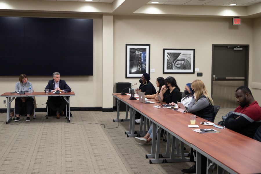 Students ask WSU President Richard Muma and WSU Vice President Shirley Lefever questions regarding local and campus growth, Feb. 22, 2022 at the RSC.