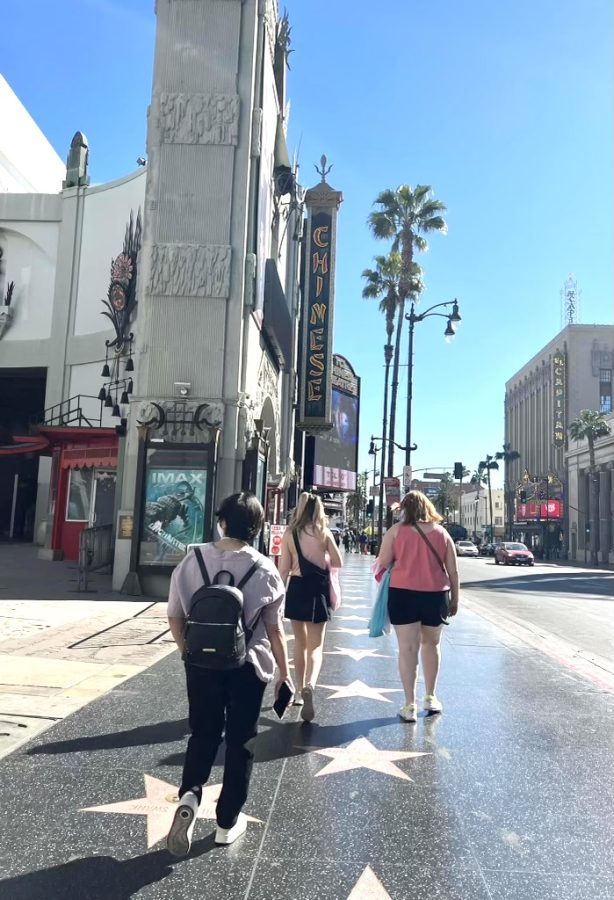 Opinion editor Emmie Boese, Design director Thy Vo, and Editor-in-chief Lindsay Smith at the Hollywood Walk of Fame. 