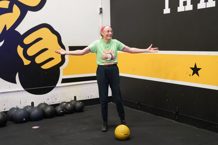 Elizabeth Berhrman having some fun while lifting weights at F45 on March 22nd at Heskett Center.