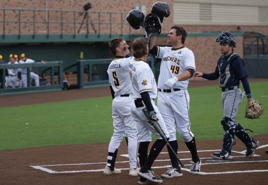 Freshman Payton Tolle celebrates after his second homer of the season. Tolle made four play apperances as the starting designated hitter on Mar. 8 against Oral Roberts.