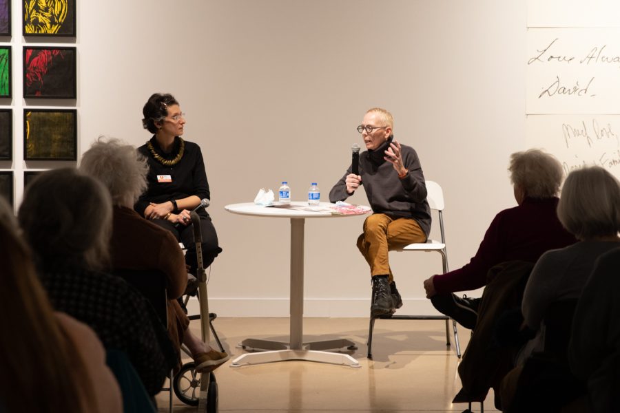 Artist Ann Resnick (Right) speaks to guests about her works and the inspiration behind them, Mar. 8th, 2022 at the Ulrich Museum.