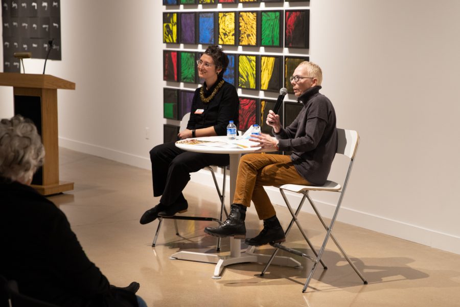 Artist Ann Resnick (Right) speaks to guests about her works and the inspiration behind them, Mar. 8th, 2022 at the Ulrich Museum. speaks to guests about her works and the inspiration behind them, Mar. 8th, 2022 at the Ulrich Museum. speaks to guests about her works and the inspiration behind them, Mar. 8th, 2022 at the Ulrich Museum.