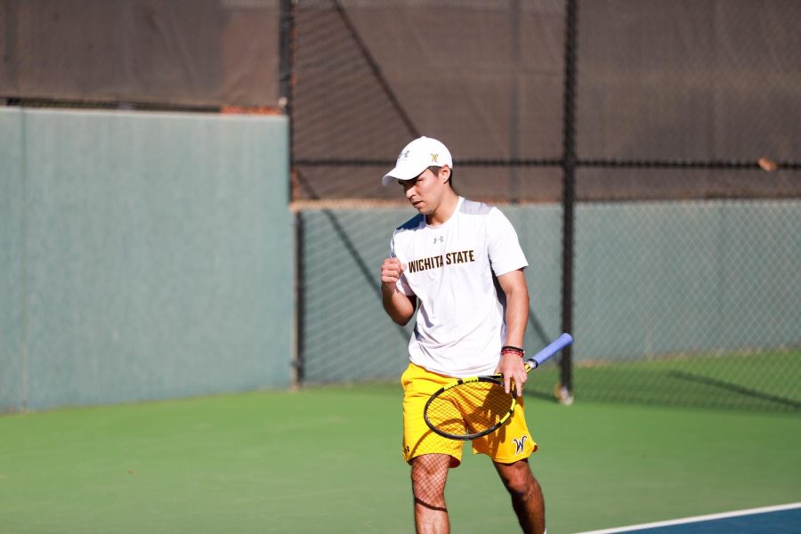 Nicolas Acevedo celebrates after a point during the match against Omaha on March 3 at the Coleman Tennis Complex. 