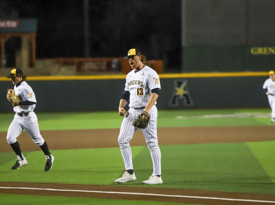 Connor+Holden+celebrates+after+a+strikeout+in+the+top+of+the+10th+inning+of+WSUs+game+against+Kansas+on+March+23+inside+Eck+Stadium.