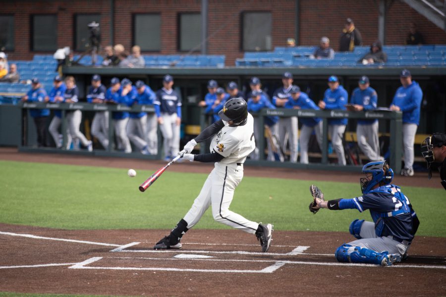 Junior Sawyre Thornhill bats at home plate on March 27 in Eck Stadium. The Shockers won, 6-3.