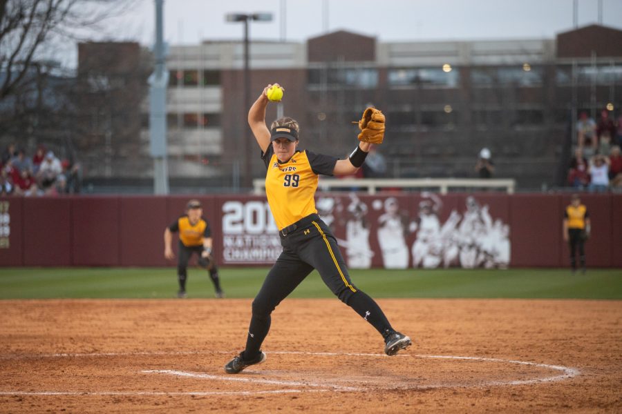 Senior Erin McDonald pitches during the game against the OU Sooners on March 29. The Sooners upset the Shockers, 10-1.