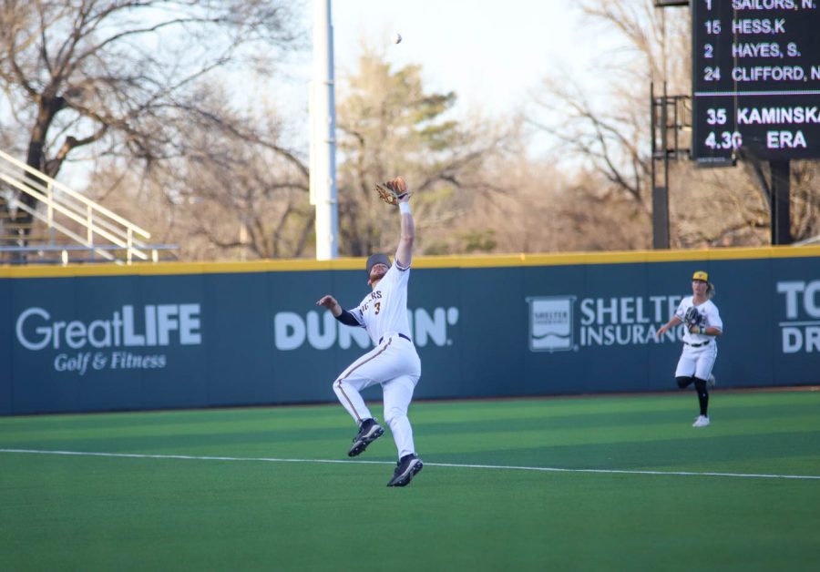 Sawyre Thornhill ranges for a flyball during WSUs game against Creighton on March 25 inside Eck Stadium.