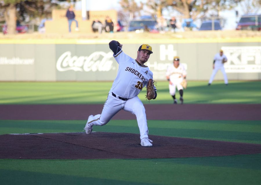 Jace Kaminska throws a pitch during WSUs game against Creighton on March 25 inside Eck Stadium.