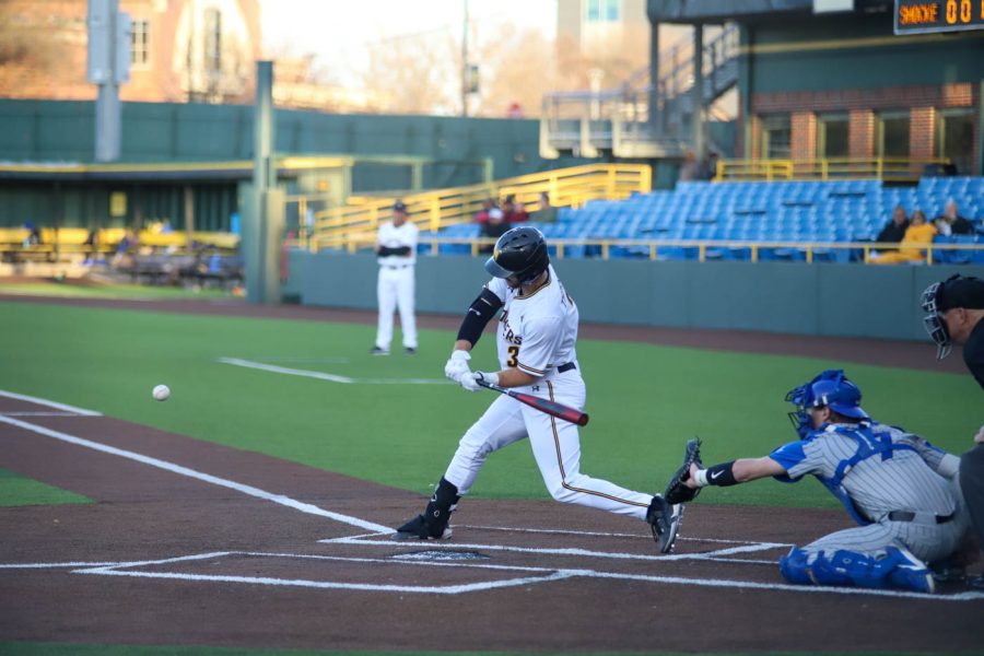 Sawyre Thornhill takes a swing during WSUs game against Creighton on March 25 inside Eck Stadium.