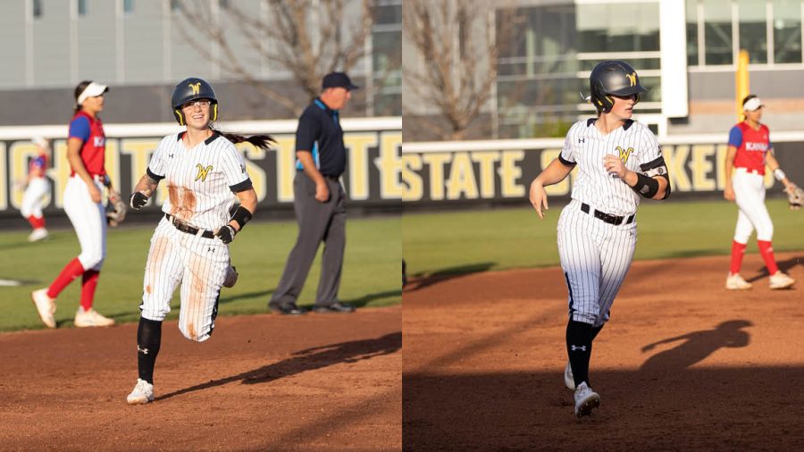 Left: After a home run from sophomore Addison Barnard, junior Sydney McKinney runs from first base to home plate during the game against KU on April 20. Right: Sophomore Addison Barnard runs to home plate after scoring a home run for the Shockers.