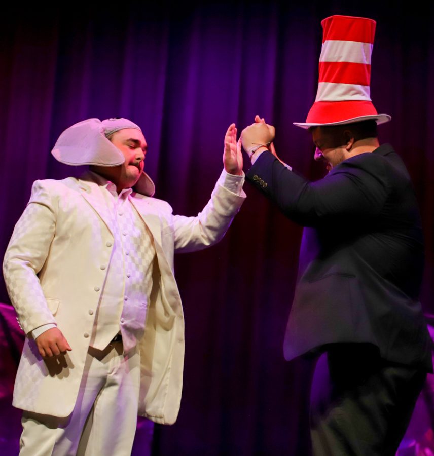 Beta Theta Pi members, James Grice and Anthony Colangelo in body the characters Huxley and the mayor during the Hippodrome set up by Student Activities Council on April 8.