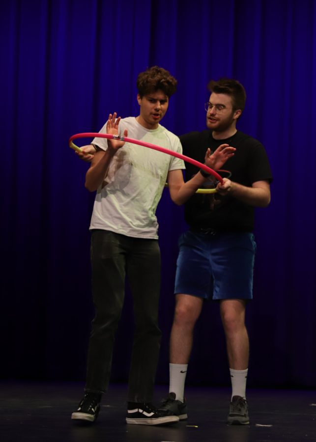Delta upsilon members, Corey Woltman and Aaron Monroe act out the book characters Greg Heffley and Fregley during the Hippodrome set up by Student Activities Council on April 8.