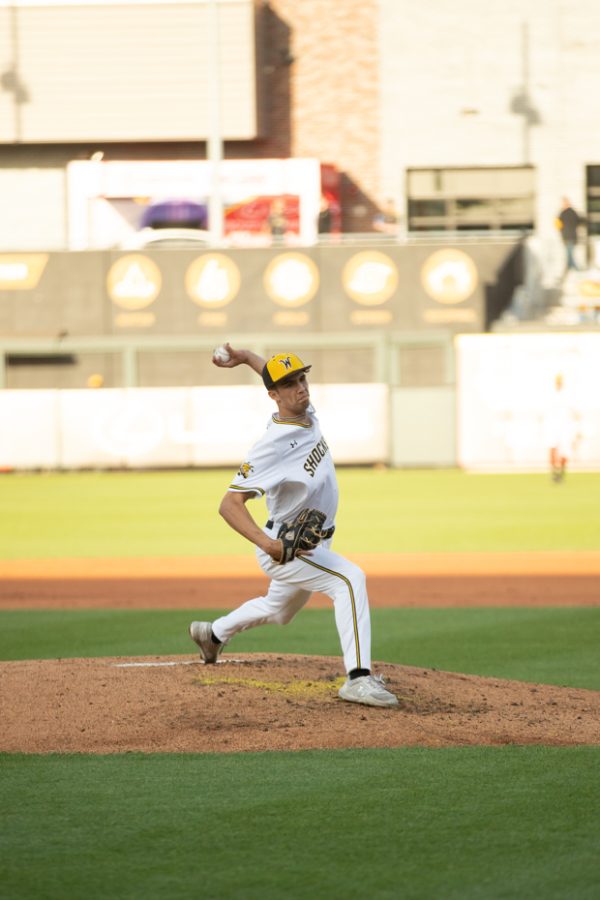 Freshman Jace Miner pitches to OSU during the game inside Riverfront Stadium on April 26.