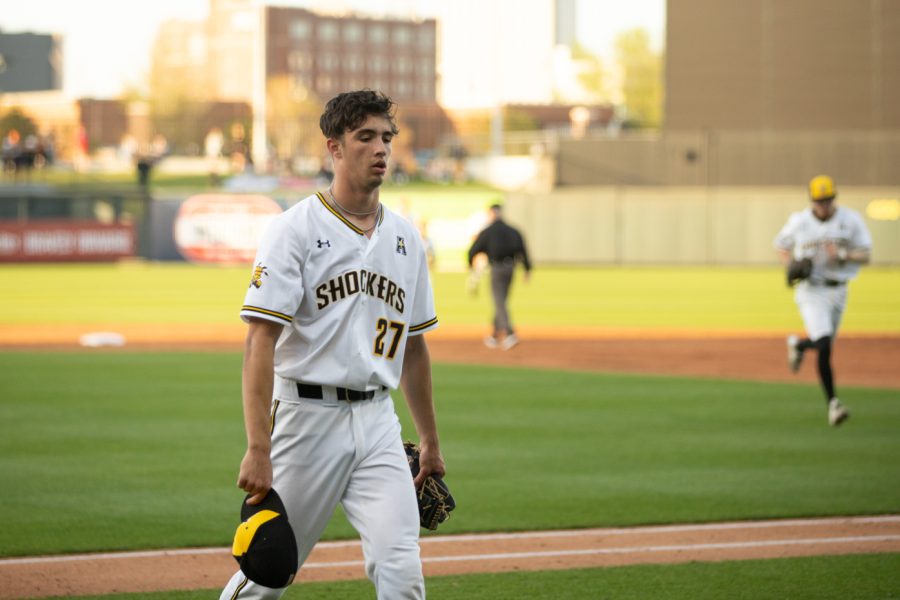 Freshman Jace Miner walks off the field after pitching for WSU during the game against OSU on April 26.