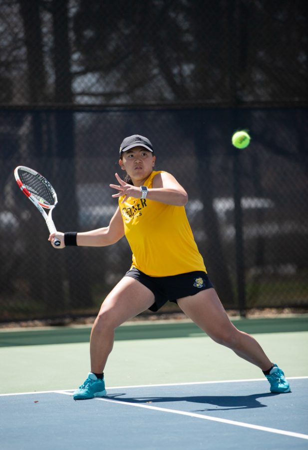 Redshirt senior Natsumi Kurahashi hits the ball toward Houston on April 1, 2022. Kurahashi has been on the womens tennis team for four years and is heading into her fifth year.