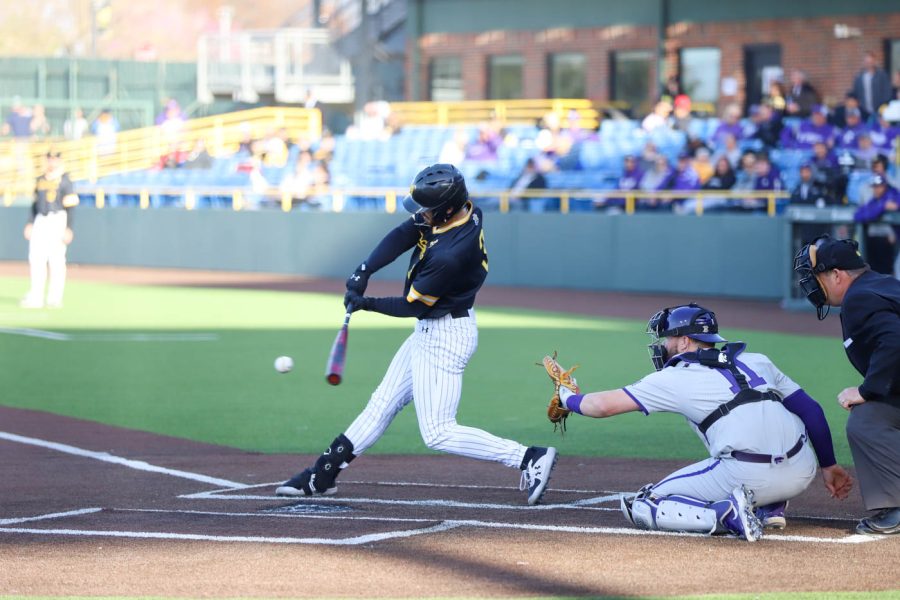 Junior Sawyre Thornhill takes a swing during WSUs game against Kansas State on April 18 at Eck Stadium.