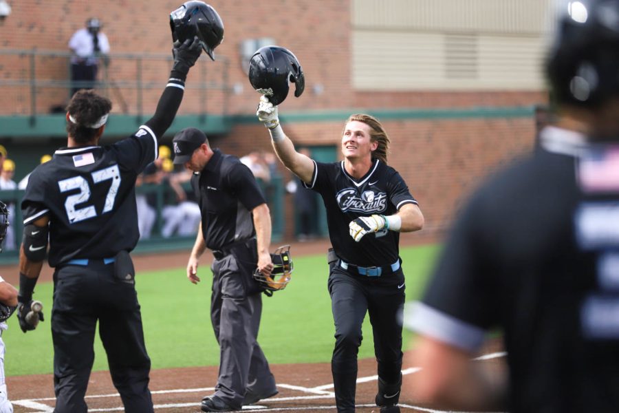 UCFs Trent Taylor celebrates after hitting a game-tying home run against Central Florida on April 23 at Eck Stadium.