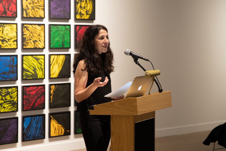 Artist Annabel Daou speaks at the Ulrich Museum of Art, Apr. 5th 2022. Daou is known for her use of language, poetry, and history to create messages people can learn from in everyday life.