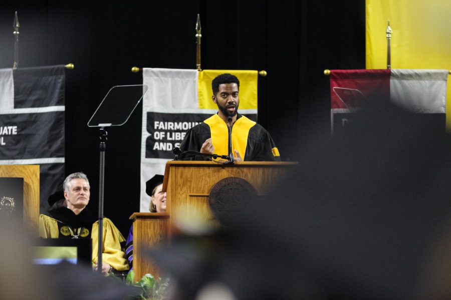 Former WSU performing arts student Julius Thomas gives a speech to the spring 2022 graduates on May 14.
