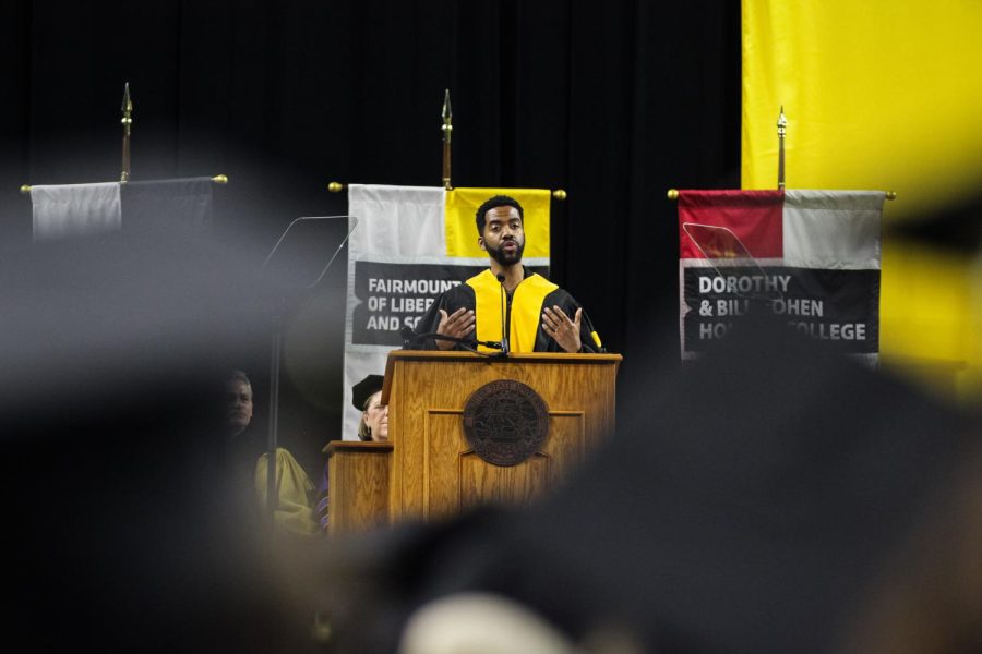 Former WSU performing arts student Julius Thomas gives a speech to the spring 2022 graduates on May 14.