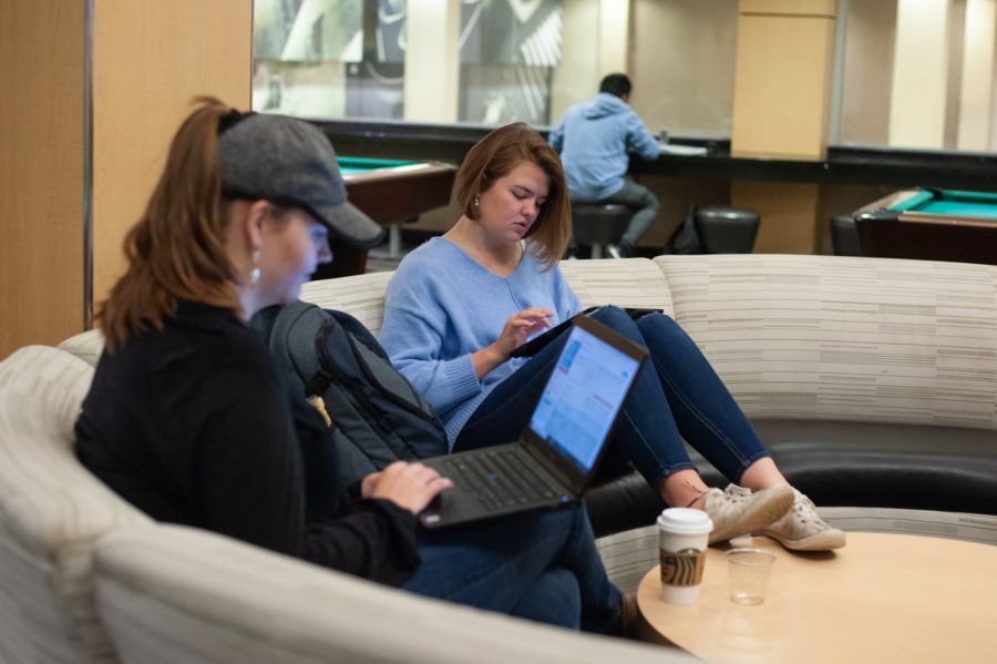 Marissa and Maria Edelman study together in the RSC before going to their next class together. The Edelman sisters majored in accounting and graduated together.
