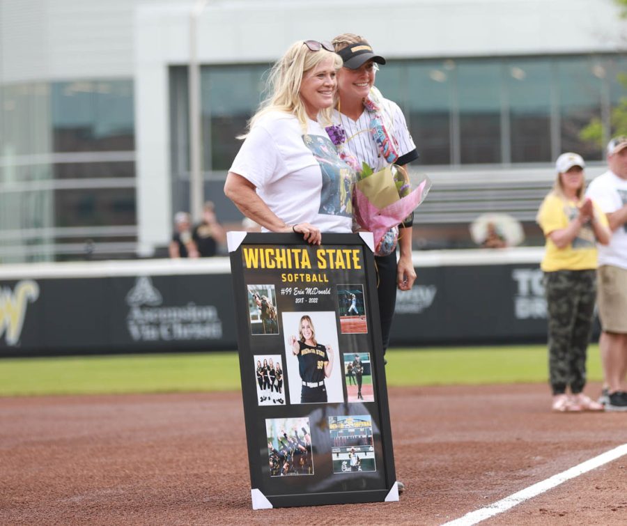 Senior Erin McDonald poses for a picture with her mother, Michele, on Senior Day on May 8 at Wilkins Stadium.